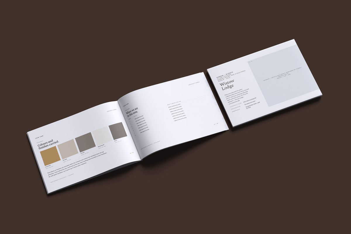 Underpinning Client Package, Slate colourway, cover and inside spread mockup