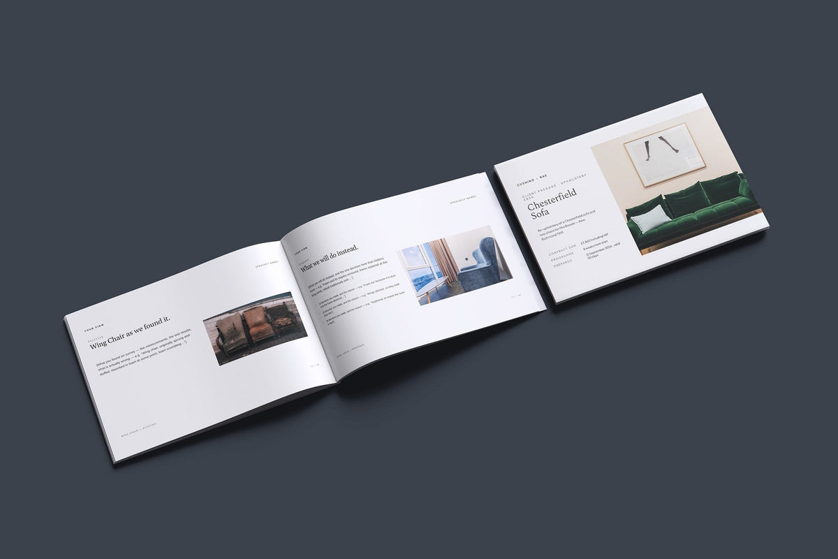 Upholstery Client Package, Ivory colourway, cover and inside spread mockup