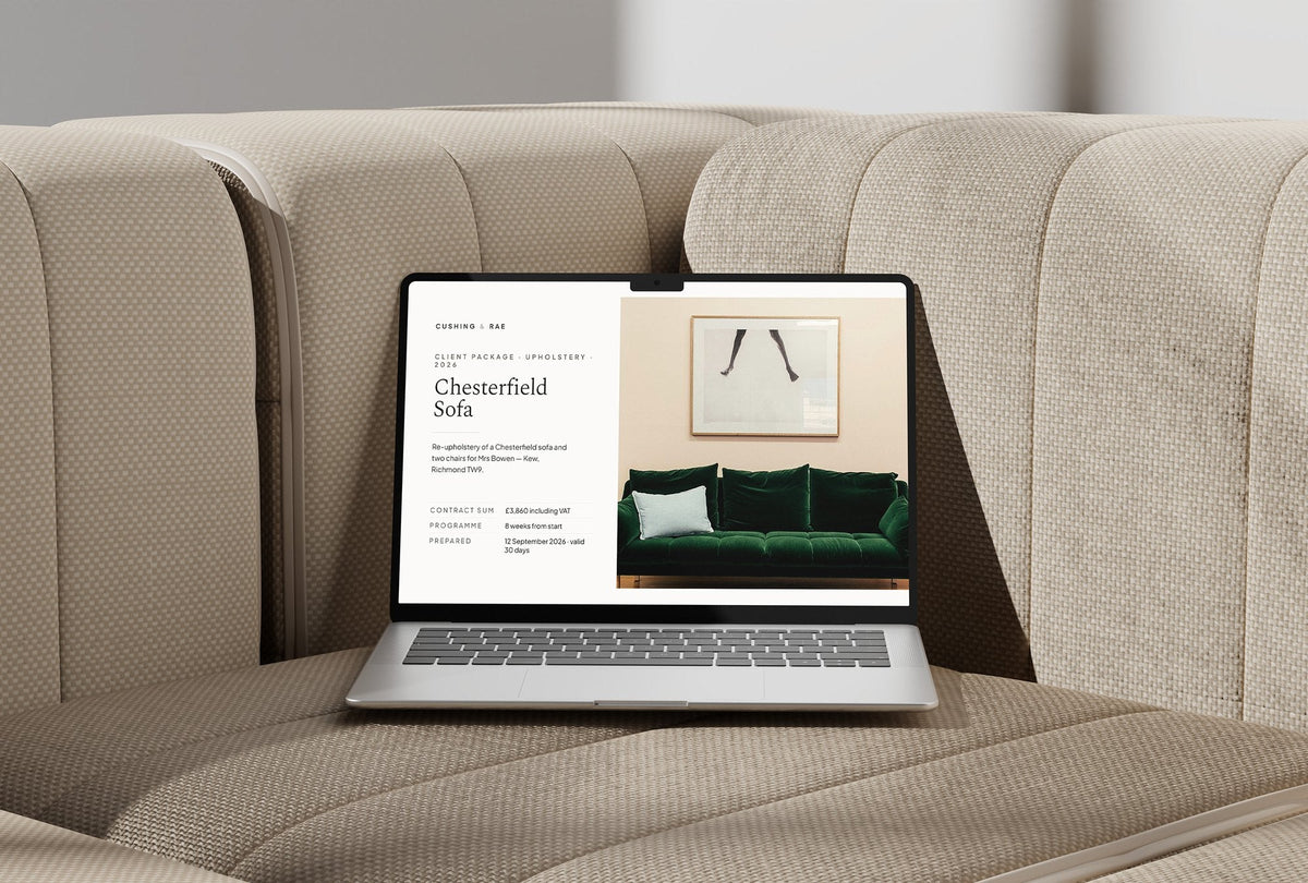 Upholstery Client Package, Ivory colourway, laptop screen mockup