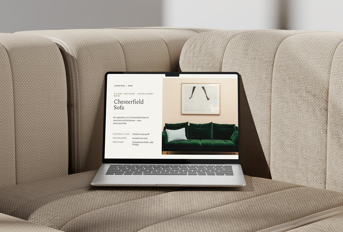 Upholstery Client Package, Oat colourway, laptop screen mockup