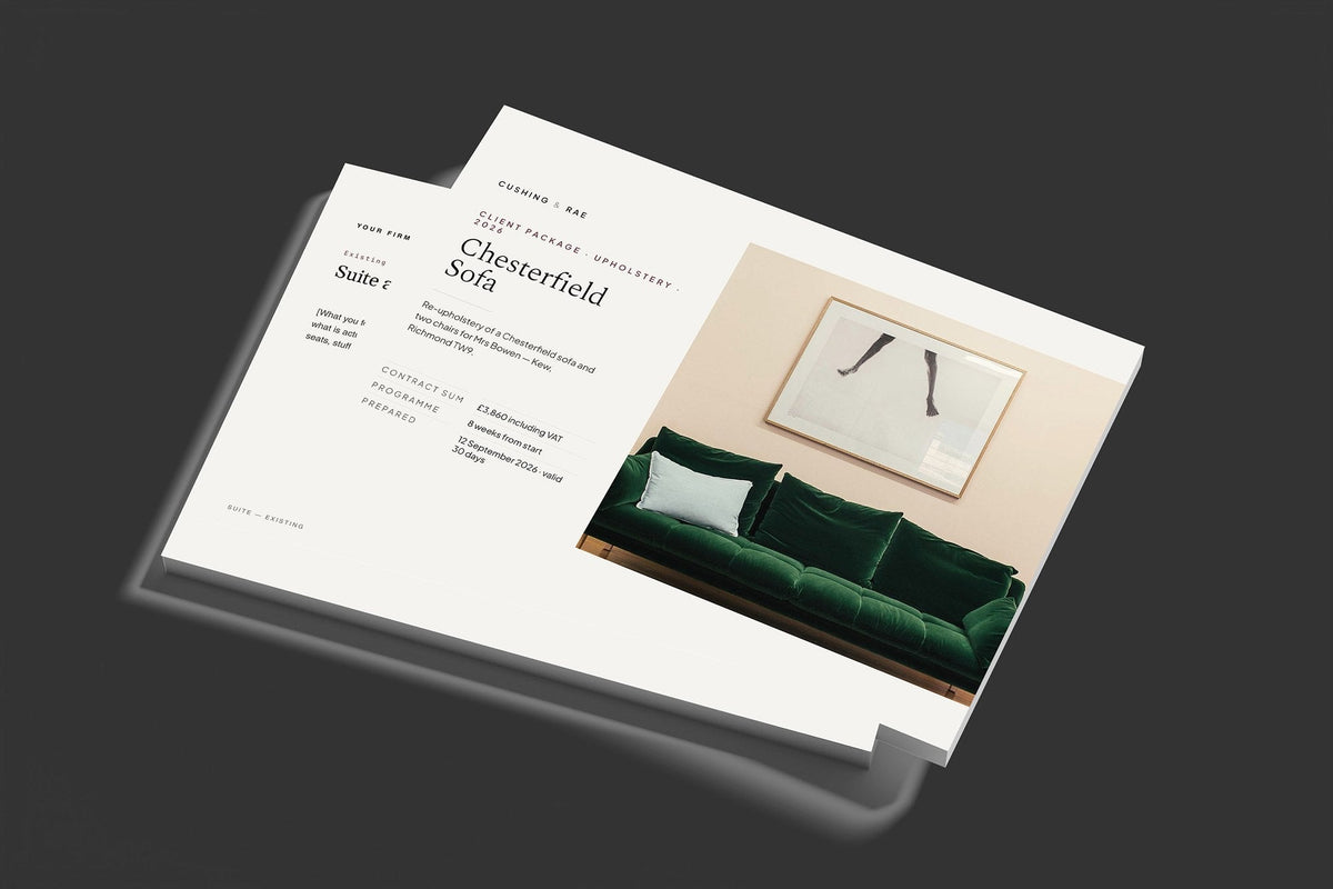 Upholstery Client Package, Standard colourway, stacked books mockup