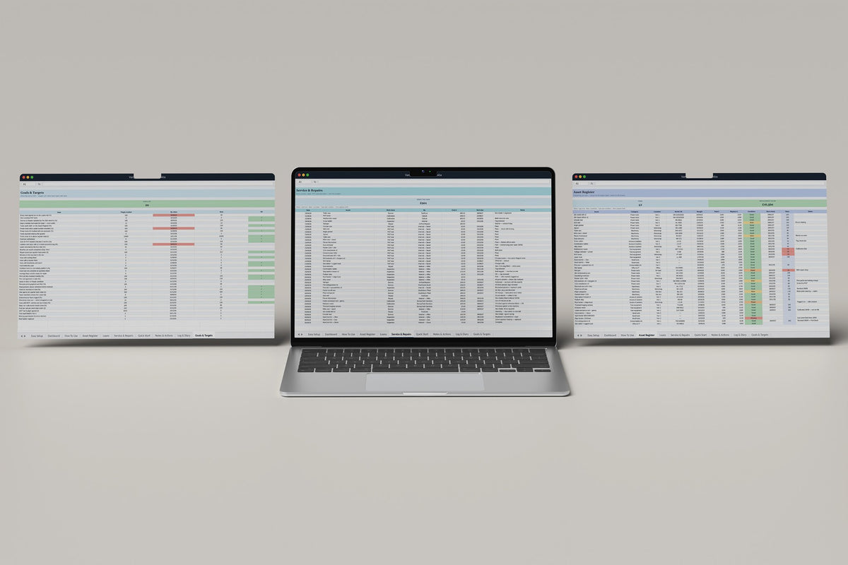Van and Tool Inventory Excel template, Service and Repairs tab on a laptop screen