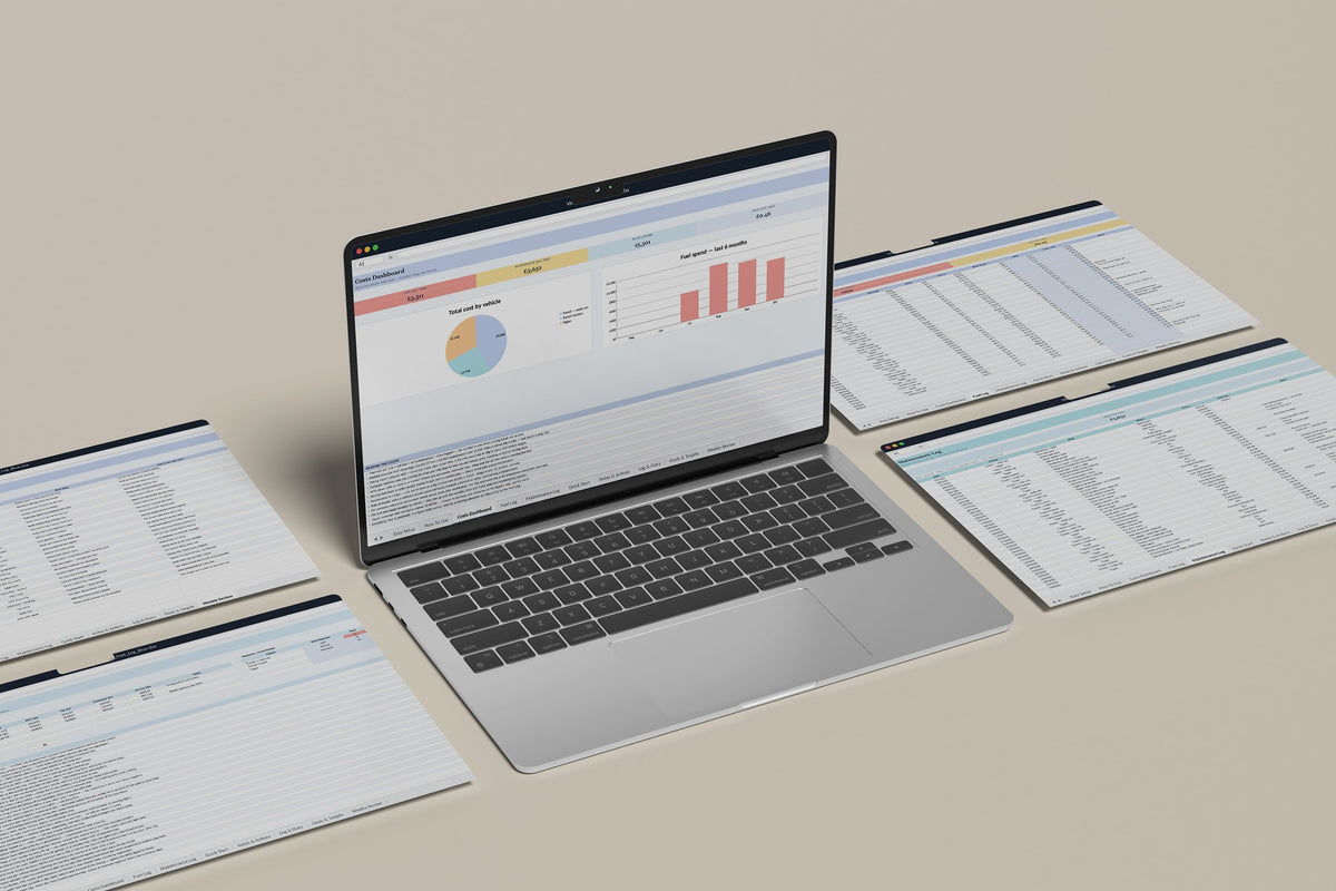 Vehicle and Fuel Log Excel template, Costs Dashboard tab on a laptop screen