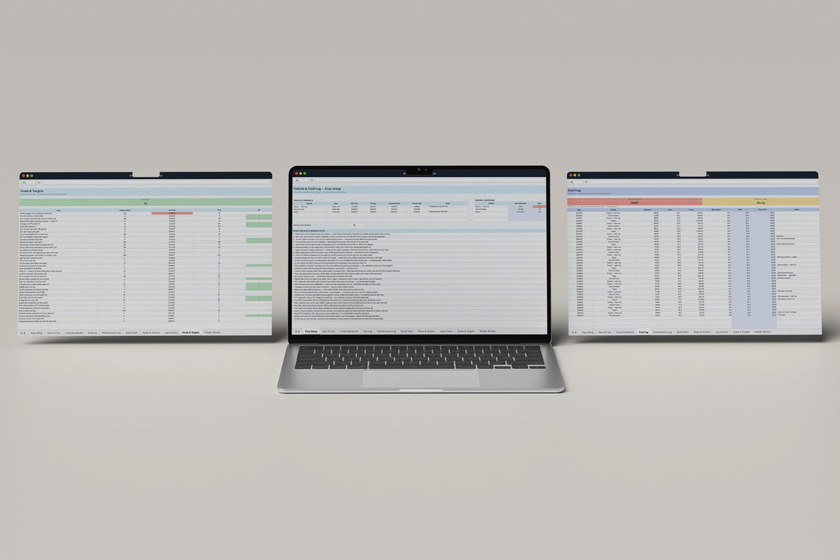 Vehicle and Fuel Log Excel template, Easy Setup tab on a laptop screen