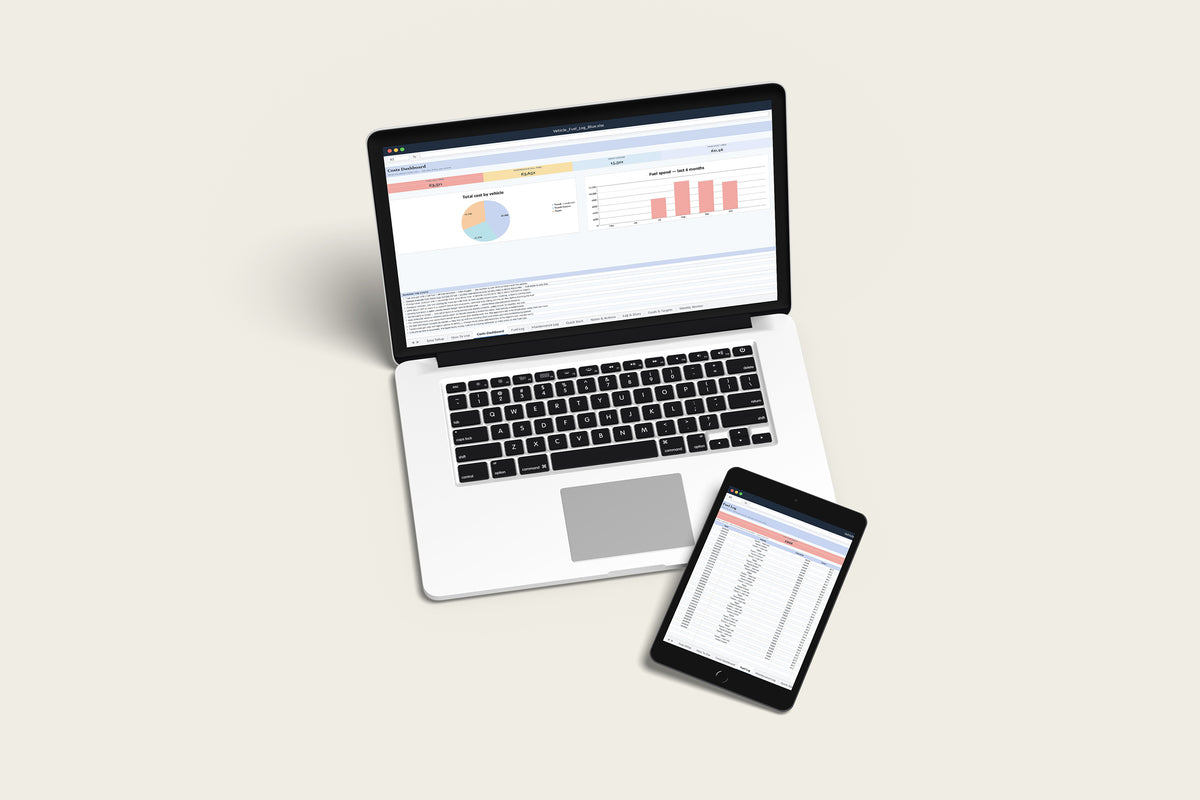 Vehicle Fuel Log Excel template on a MacBook and iPad