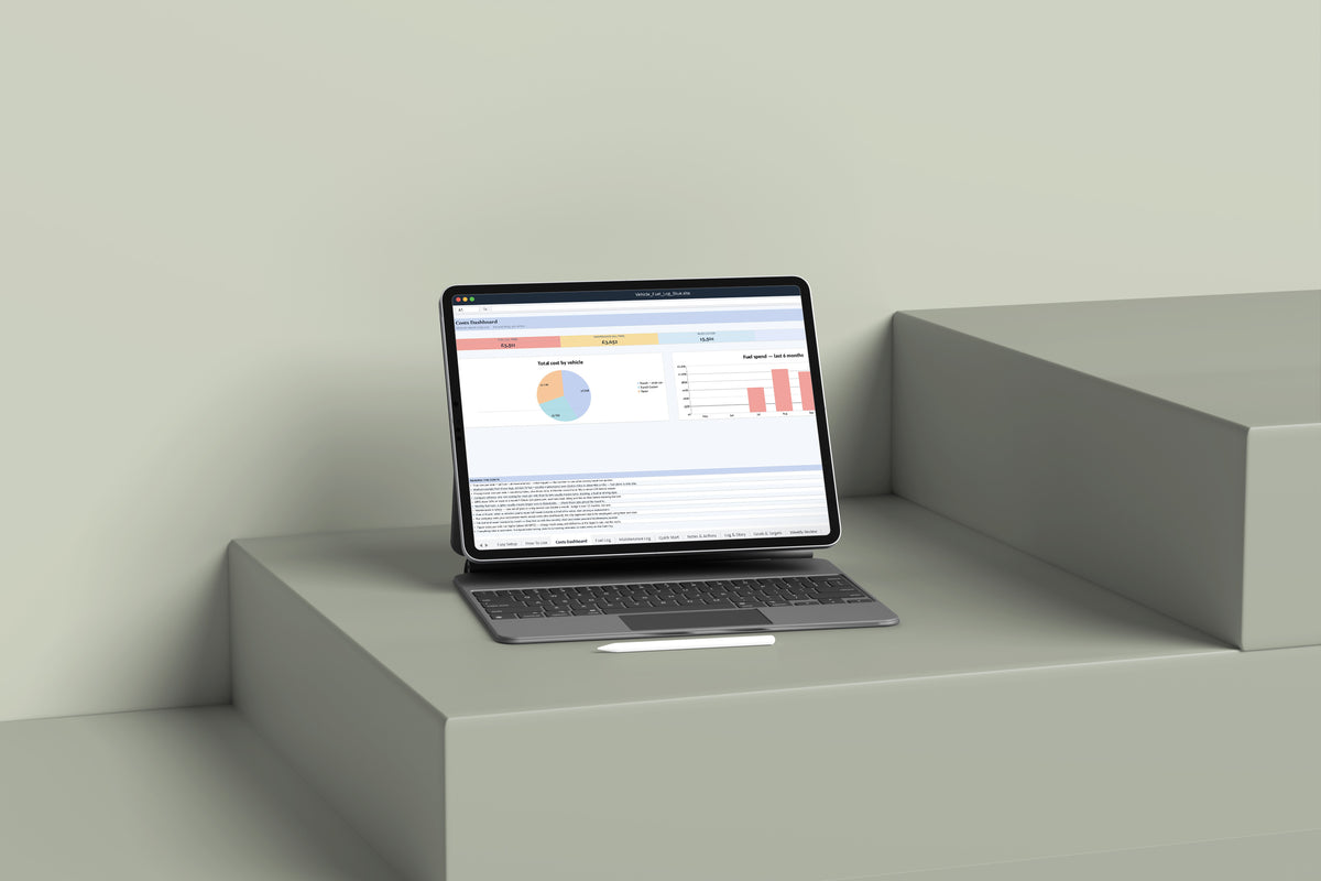 Vehicle Fuel Log Excel template on an iPad with keyboard