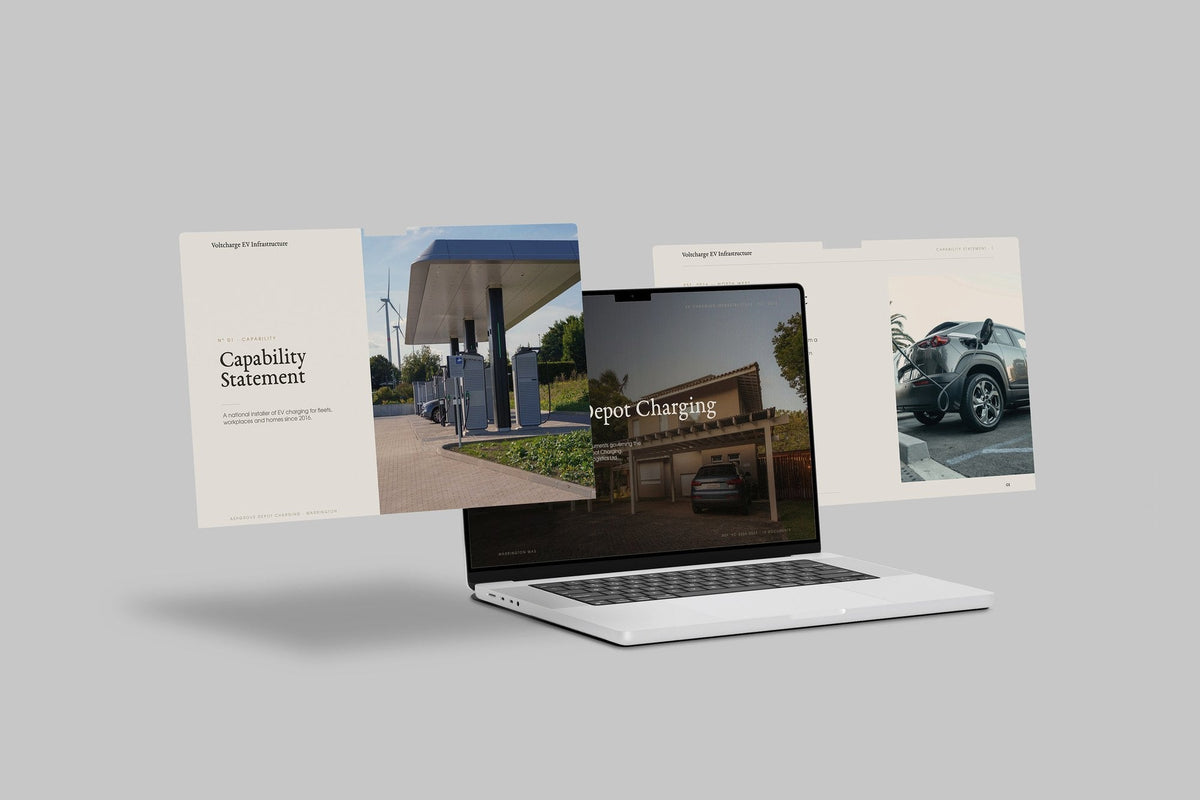 EV Charger Installer Project Pack in PowerPoint, shown on laptop screens