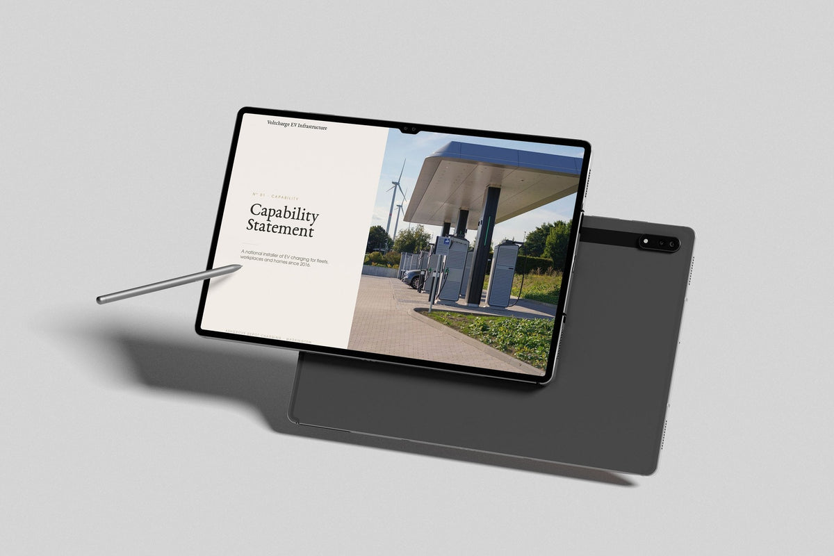 EV Charger Installer Project Pack in PowerPoint, inside pages shown on a tablet