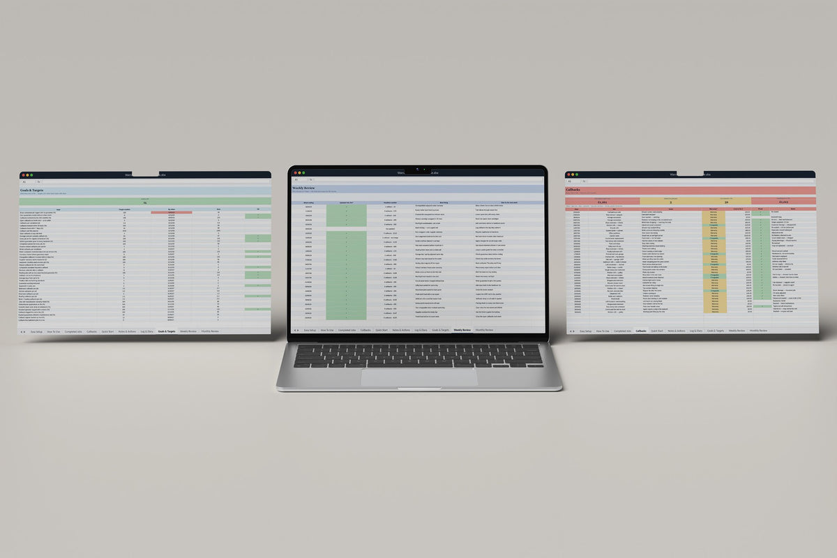 Warranty and Callback Log Excel template, Weekly Review tab on a laptop screen