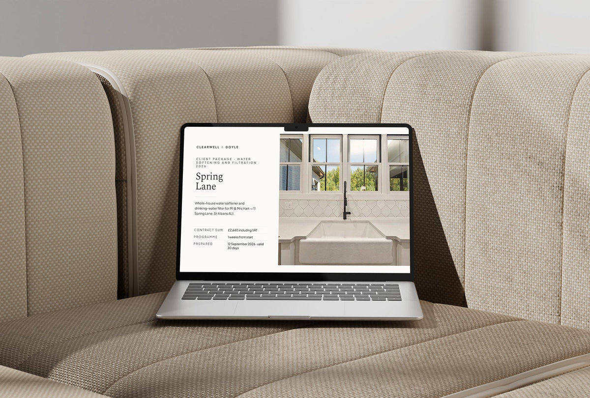 Water Softening and Filtration Client Package, Ivory colourway, laptop screen mockup