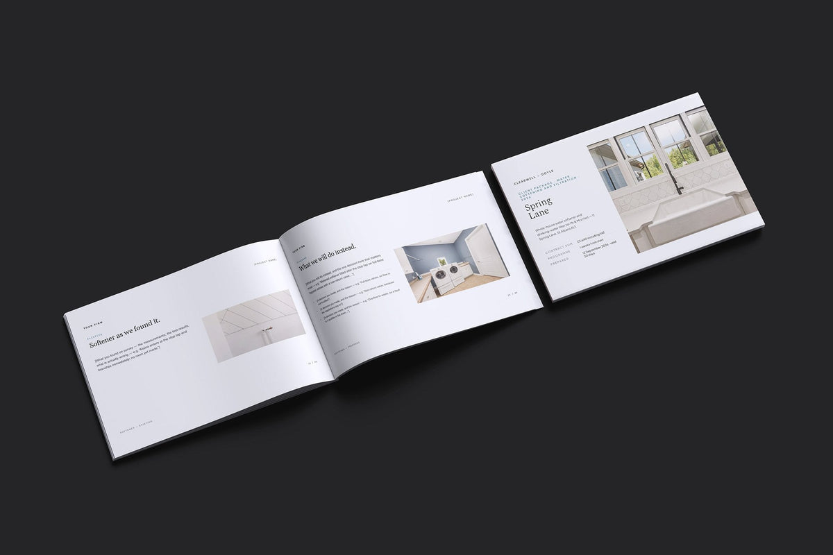 Water Softening and Filtration Client Package, Slate colourway, cover and inside spread mockup