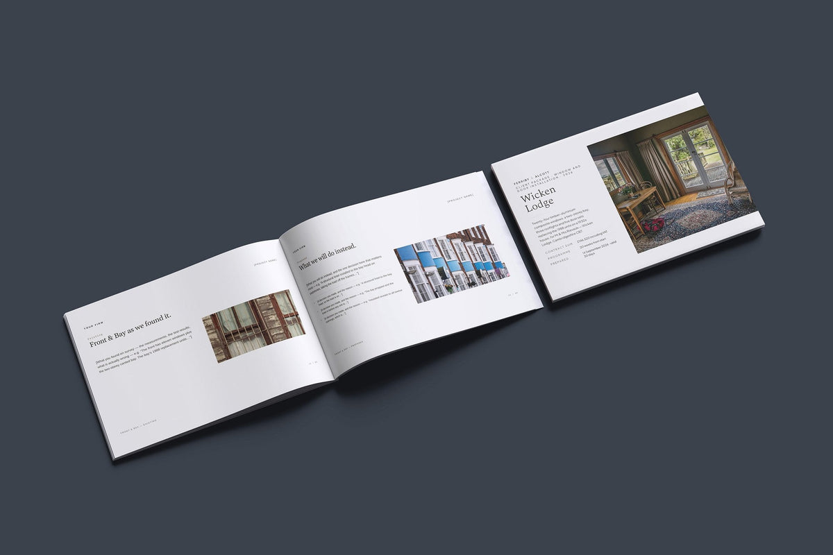 Windows and Doors Client Package, Oat colourway, cover and inside spread mockup