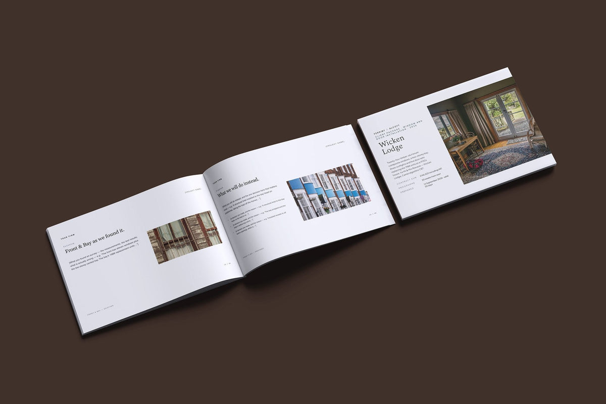 Windows and Doors Client Package, Slate colourway, cover and inside spread mockup