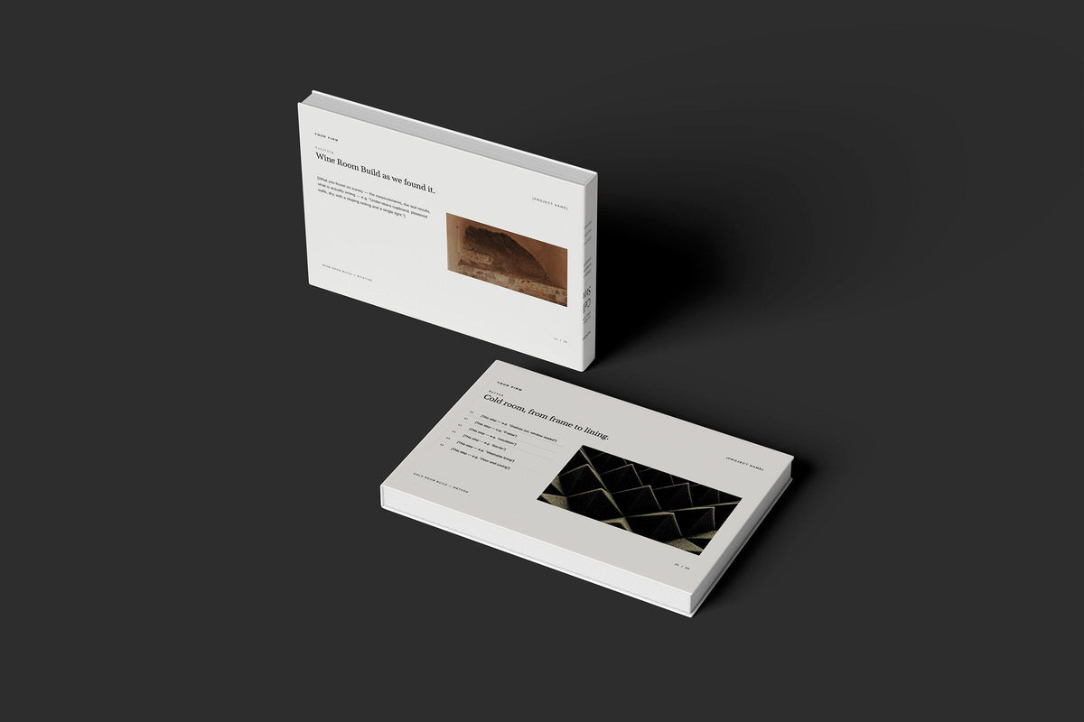 Wine Cellar and Cold Room Client Package, Ivory colourway, floating books mockup