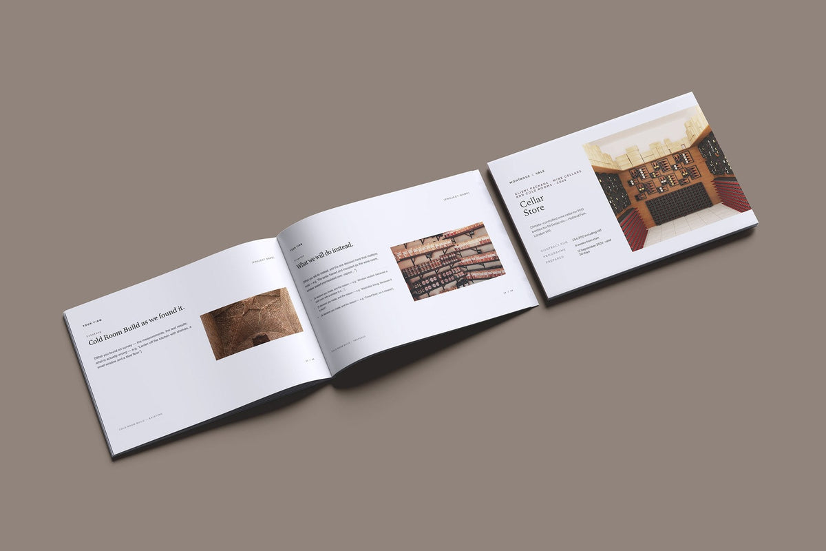 Wine Cellar and Cold Room Client Package, Slate colourway, cover and inside spread mockup