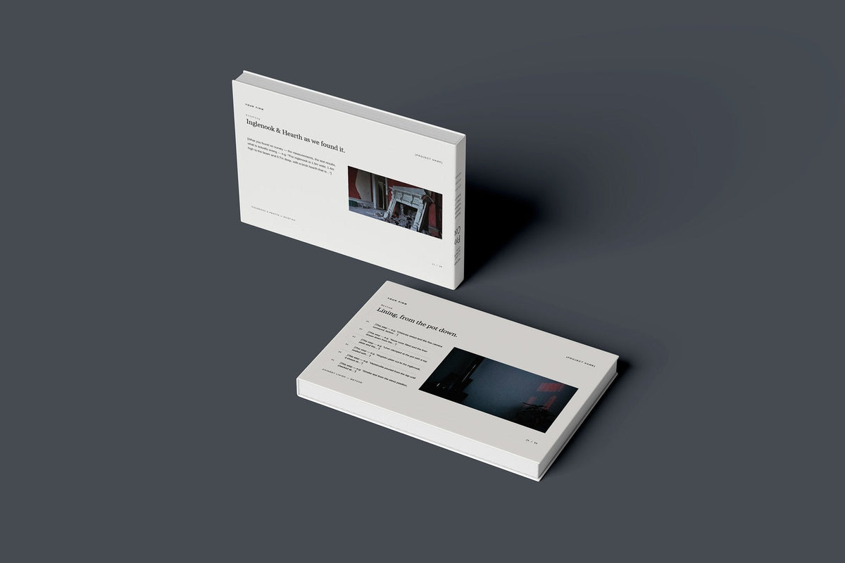 Wood Burning Stove Client Package, Ivory colourway, floating books mockup