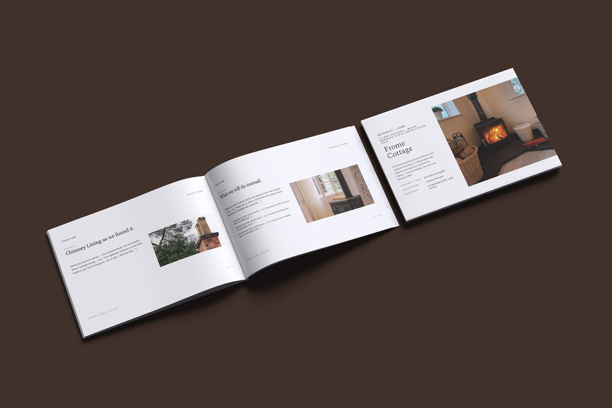 Wood Burning Stove Client Package, Ivory colourway, cover and inside spread mockup