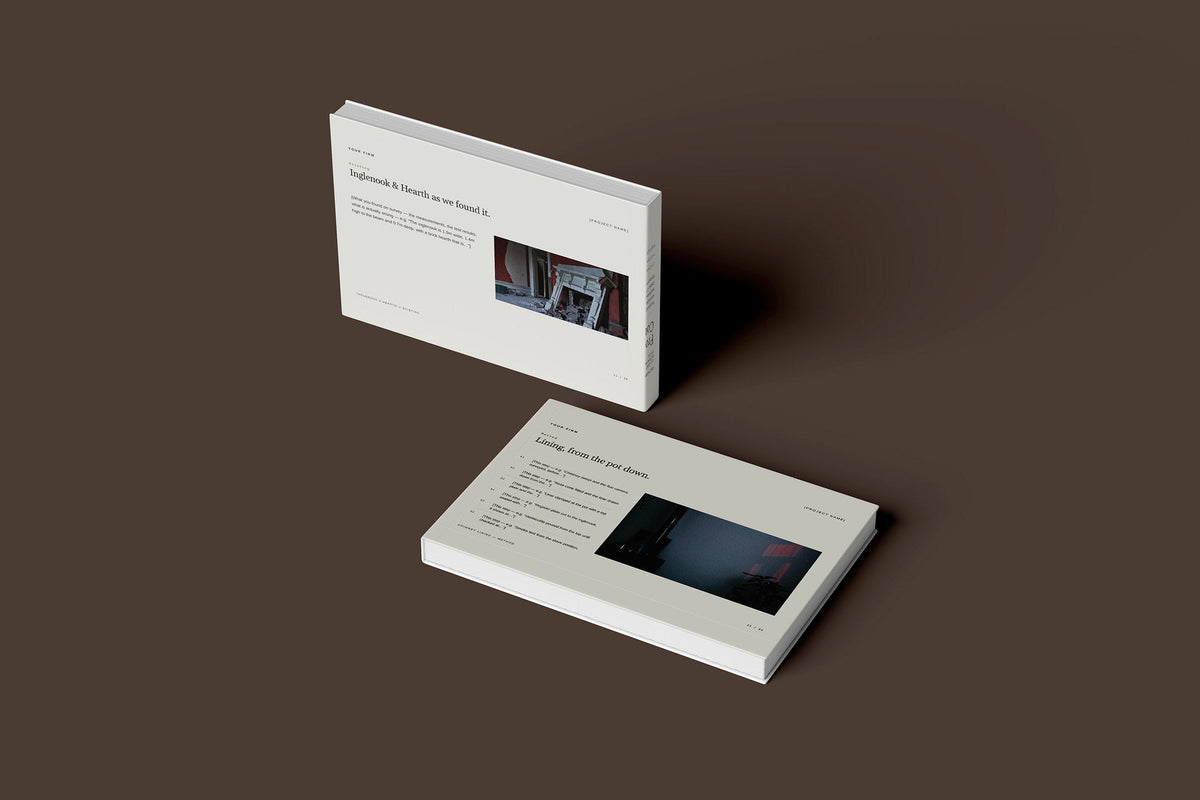 Wood Burning Stove Client Package, Oat colourway, floating books mockup