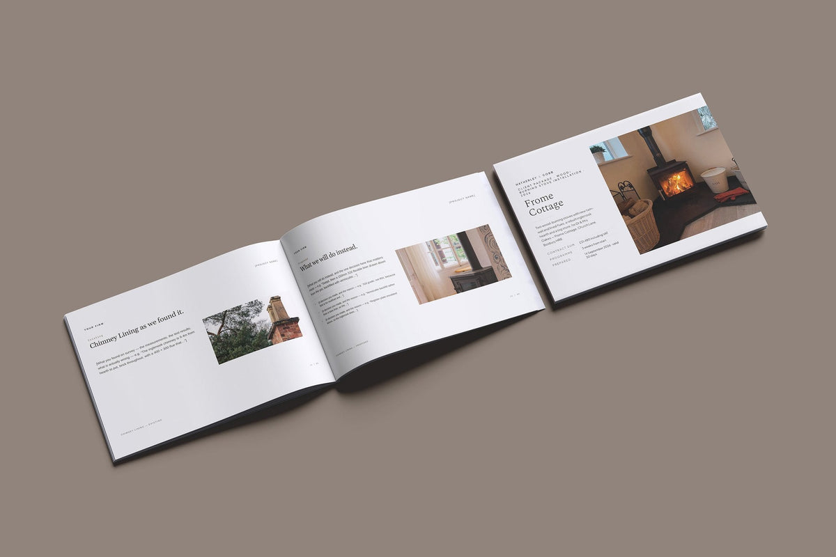 Wood Burning Stove Client Package, Oat colourway, cover and inside spread mockup