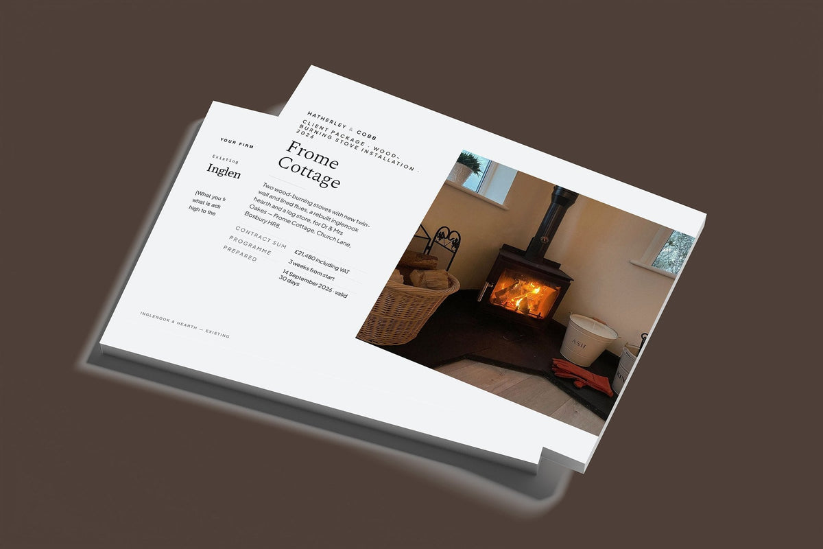 Wood Burning Stove Client Package, Slate colourway, stacked books mockup