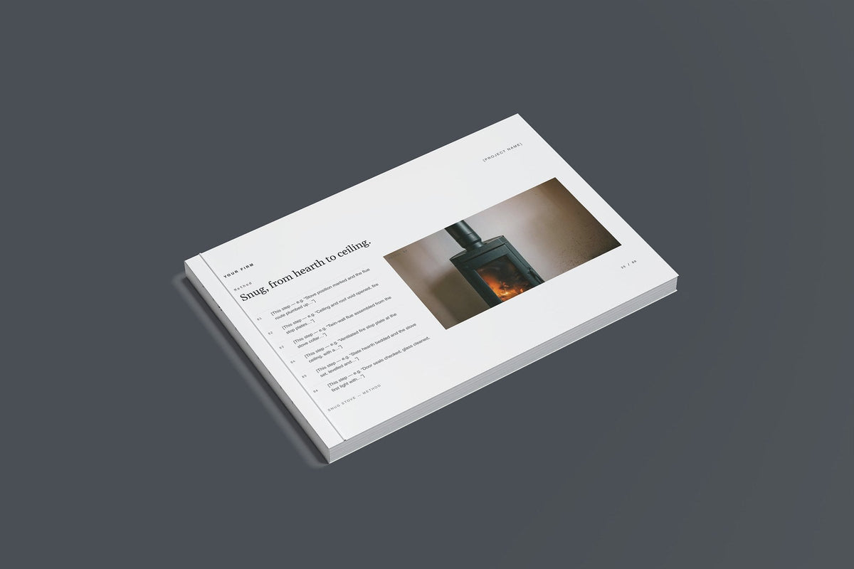 Wood Burning Stove Client Package, Slate colourway, closed magazine mockup