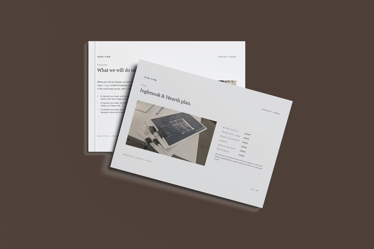 Wood Burning Stove Client Package, Slate colourway, front and back cover mockup