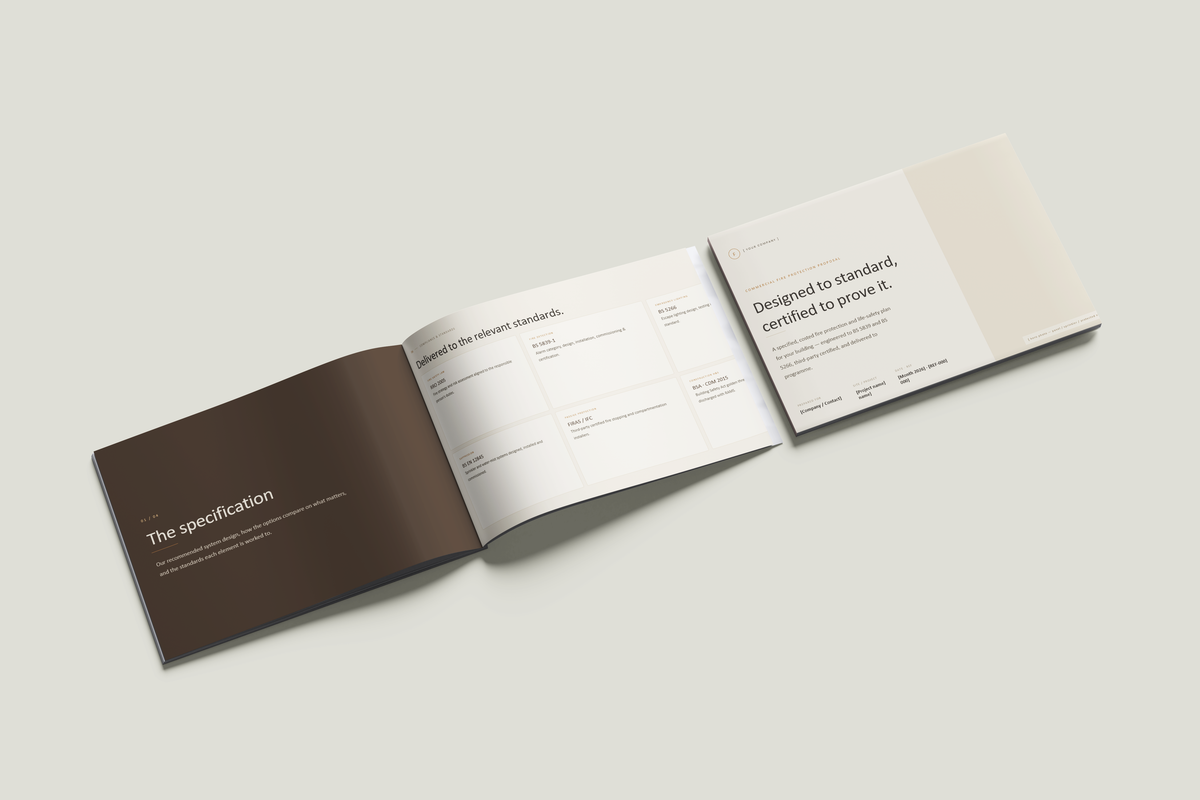 Beige Commercial Fire Protection Proposal Template in PowerPoint, listing overview