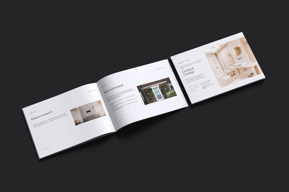 Accessible Adaptations Client Package, Ivory colourway, cover and inside spread mockup