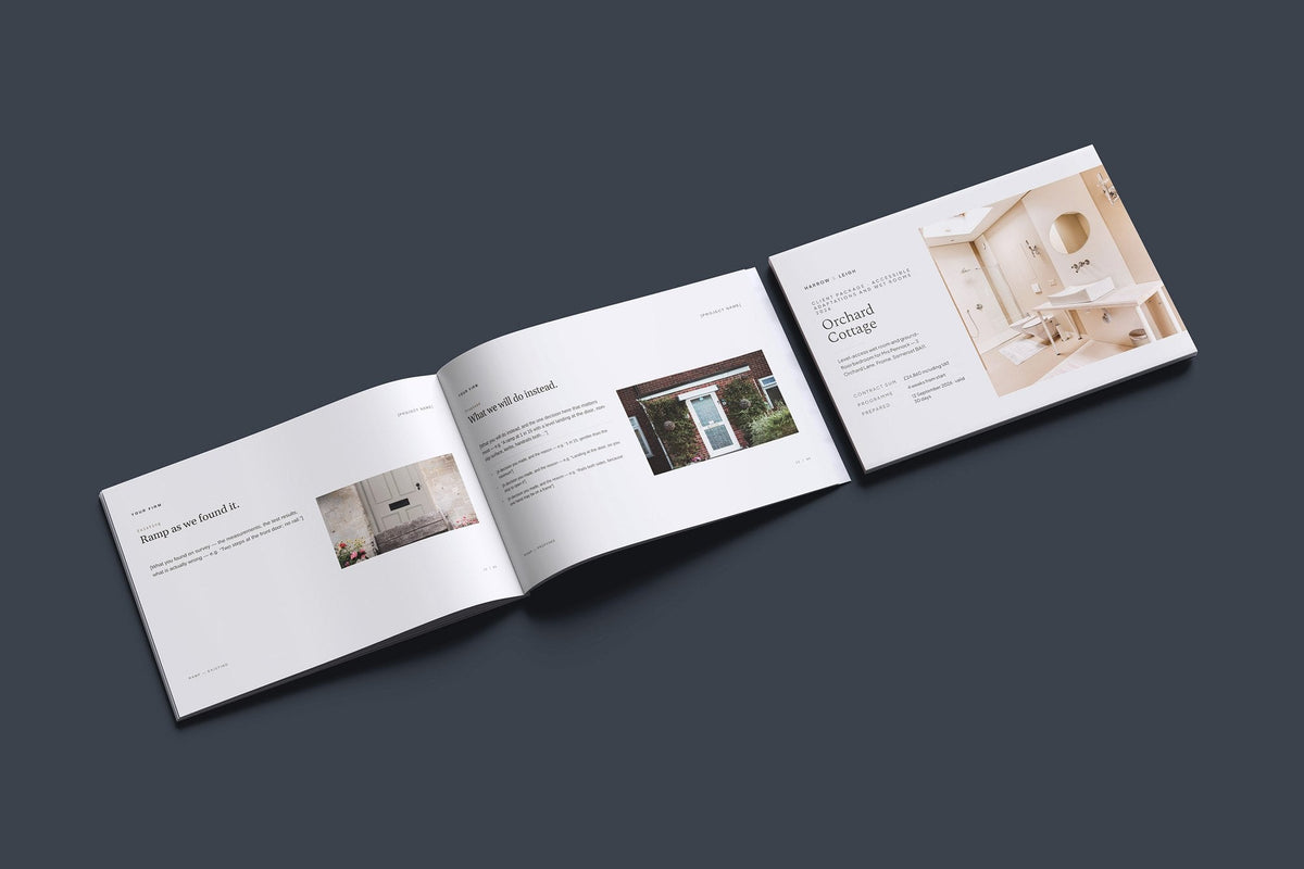 Accessible Adaptations Client Package, Oat colourway, cover and inside spread mockup