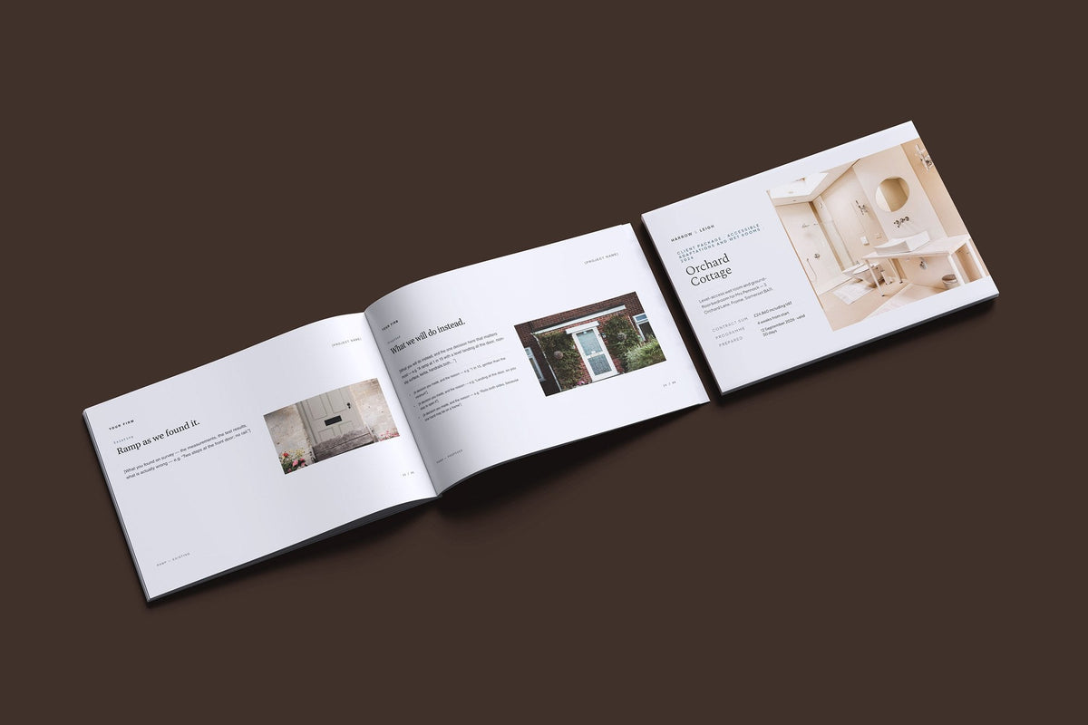 Accessible Adaptations Client Package, Slate colourway, cover and inside spread mockup