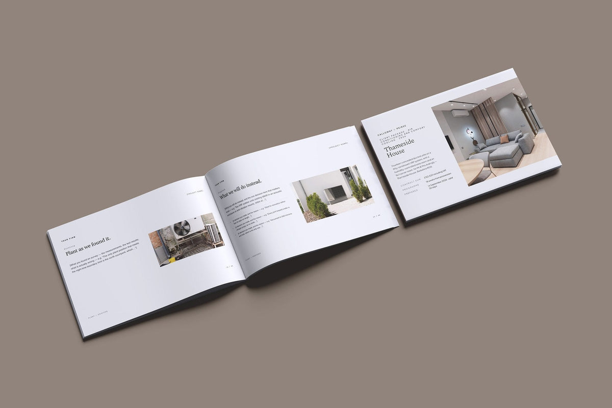 Air Conditioning Client Package, Slate colourway, cover and inside spread mockup
