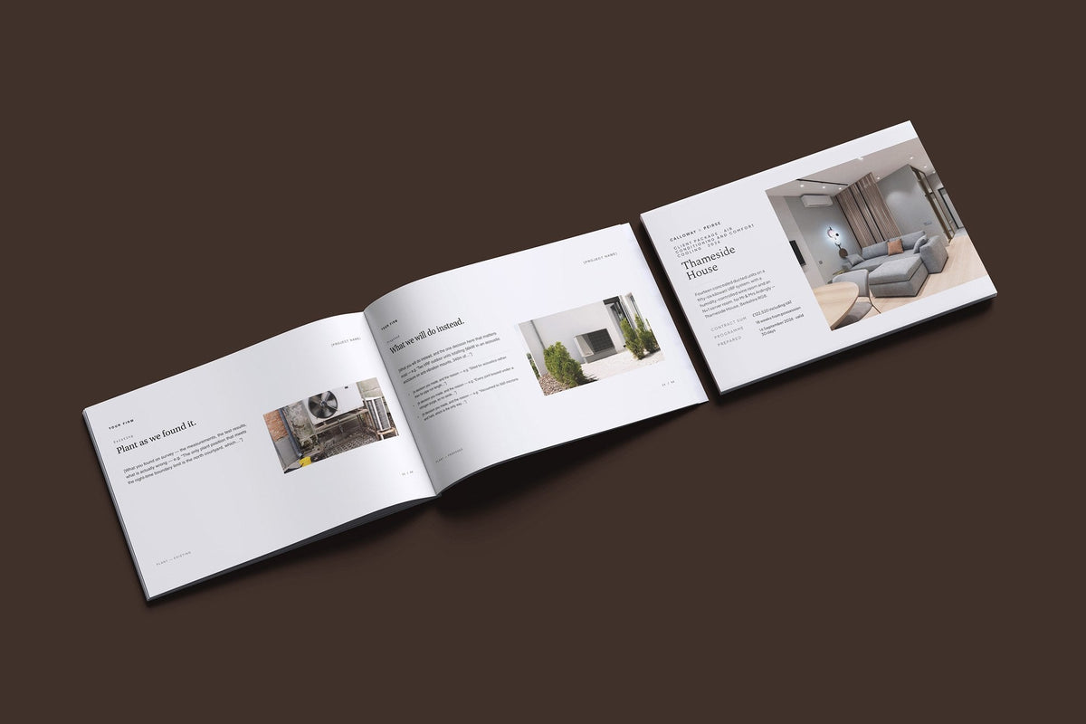 Air Conditioning Client Package, Standard colourway, cover and inside spread mockup
