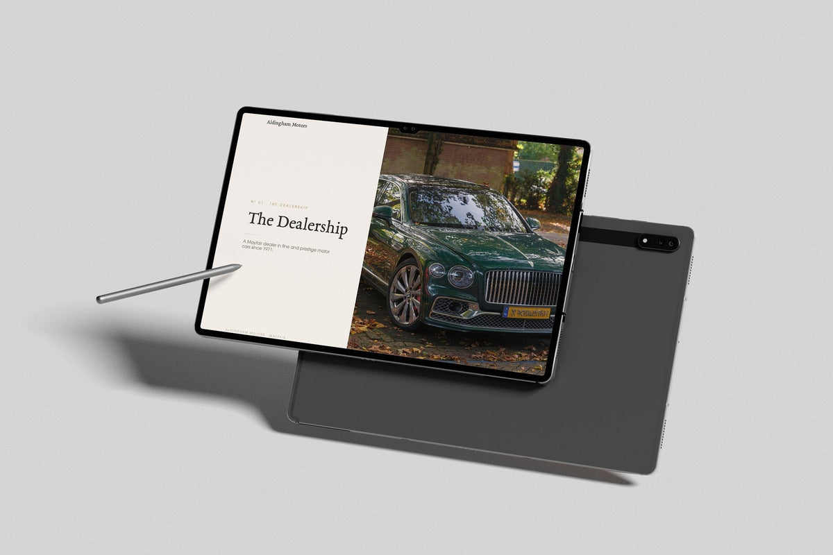 Prestige Car Dealer Customer Pack in PowerPoint, inside pages shown on a tablet