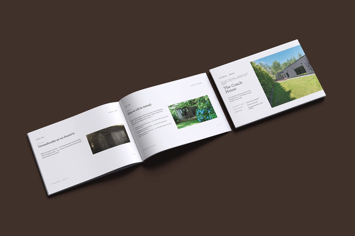 Annexe and Granny Flat Client Package, Ivory colourway, cover and inside spread mockup