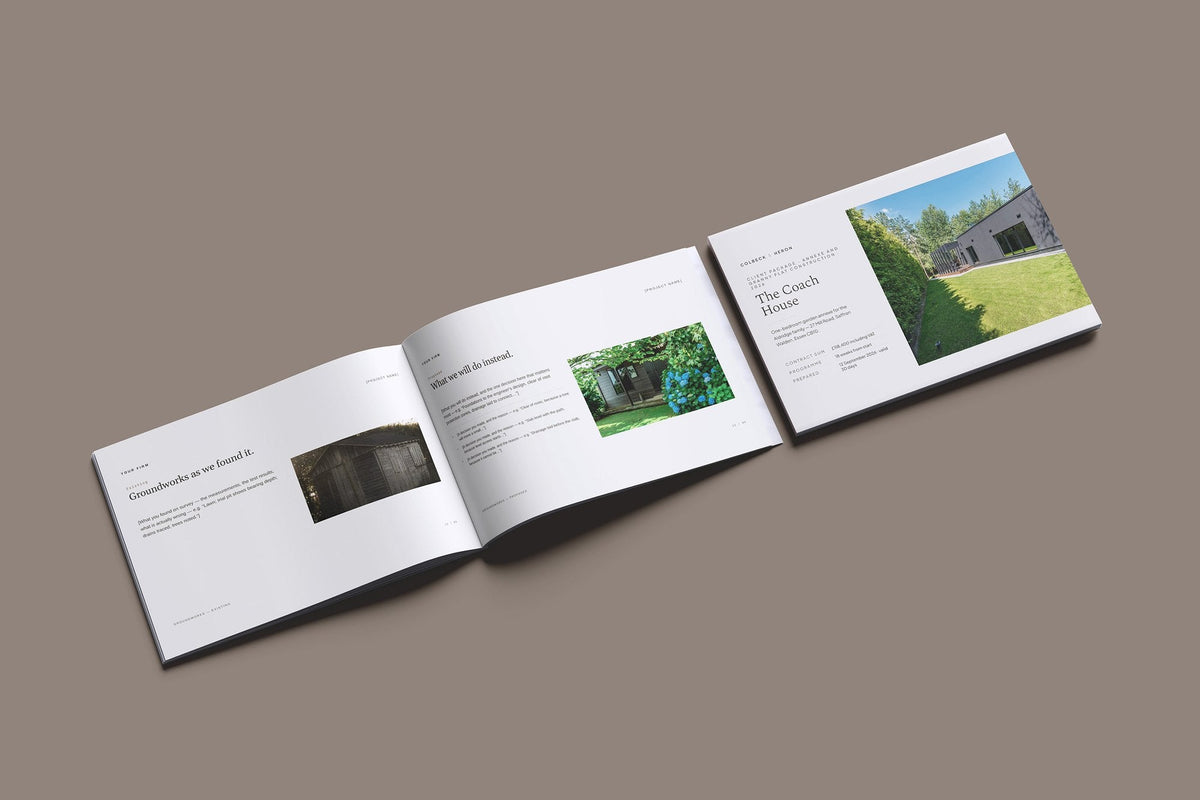 Annexe and Granny Flat Client Package, Oat colourway, cover and inside spread mockup