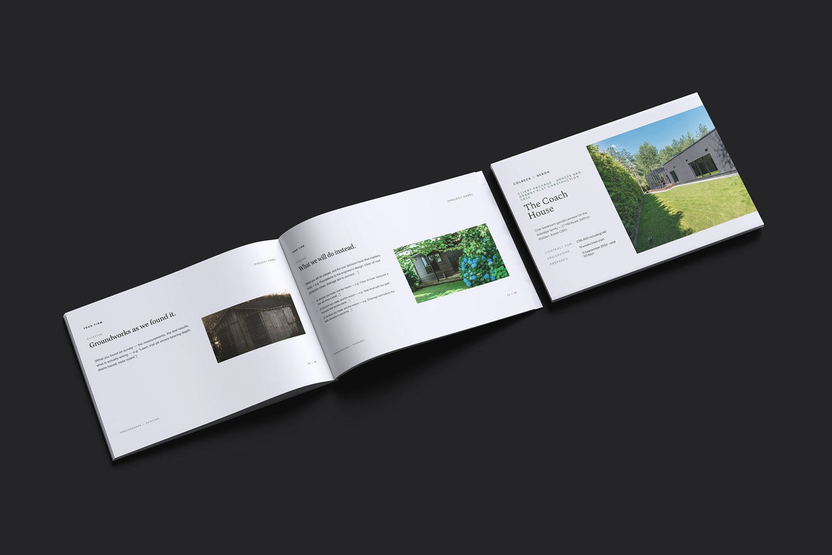 Annexe and Granny Flat Client Package, Slate colourway, cover and inside spread mockup