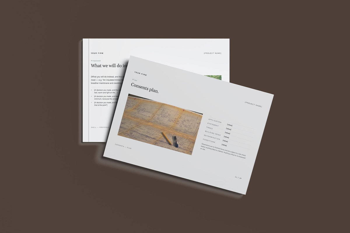 Annexe and Granny Flat Client Package, Slate colourway, front and back cover mockup