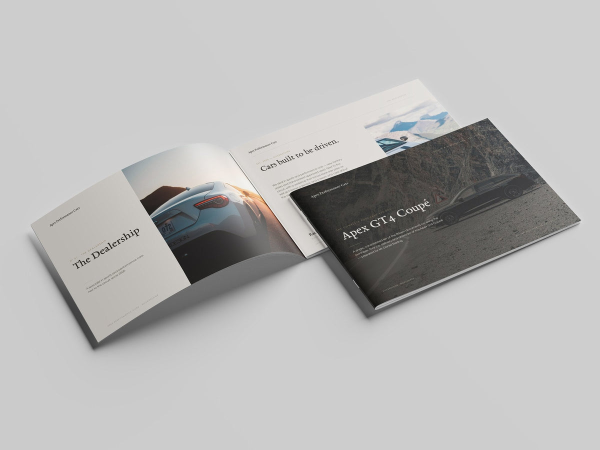 Performance Car Dealer Customer Pack in PowerPoint, printed and open at the first pages