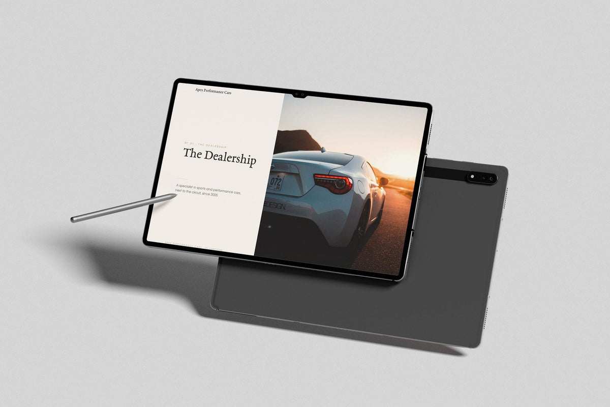 Performance Car Dealer Customer Pack in PowerPoint, inside pages shown on a tablet