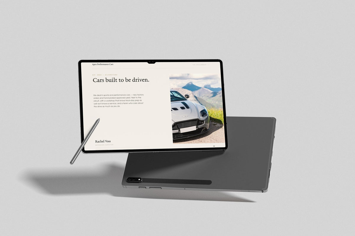 Performance Car Dealer Customer Pack in PowerPoint, inside pages shown on a tablet