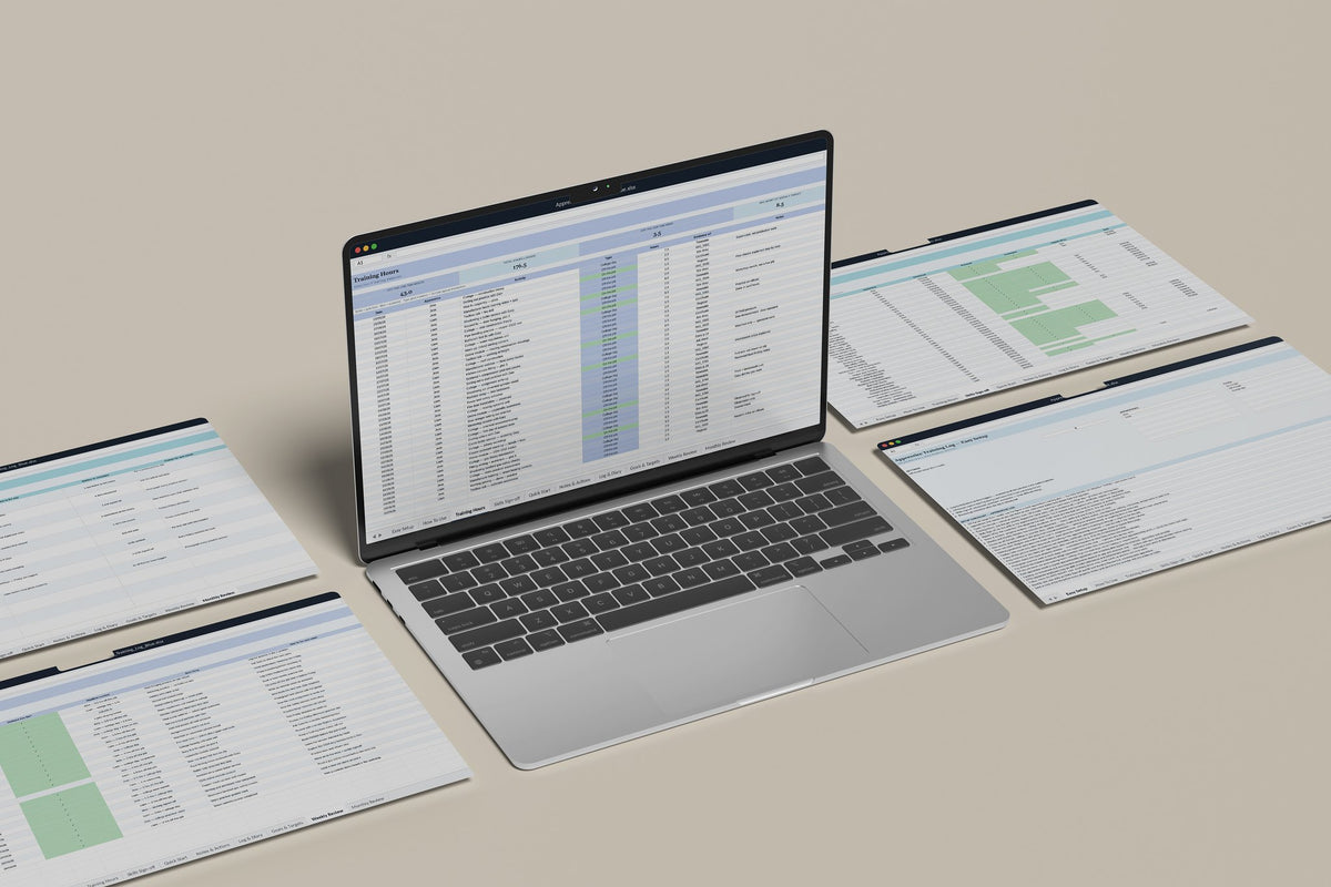 Apprentice Training Log Excel template, Training Hours tab on a laptop screen