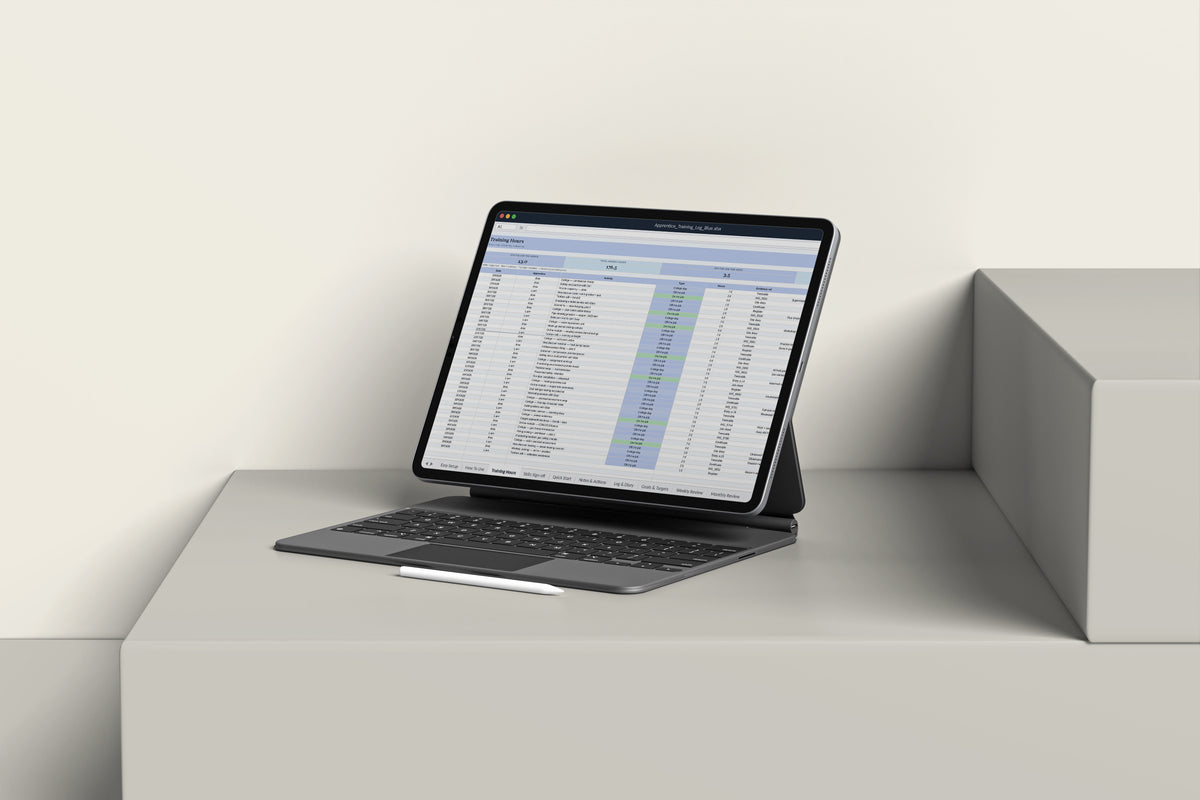Apprentice Training Log Excel template on an iPad with keyboard