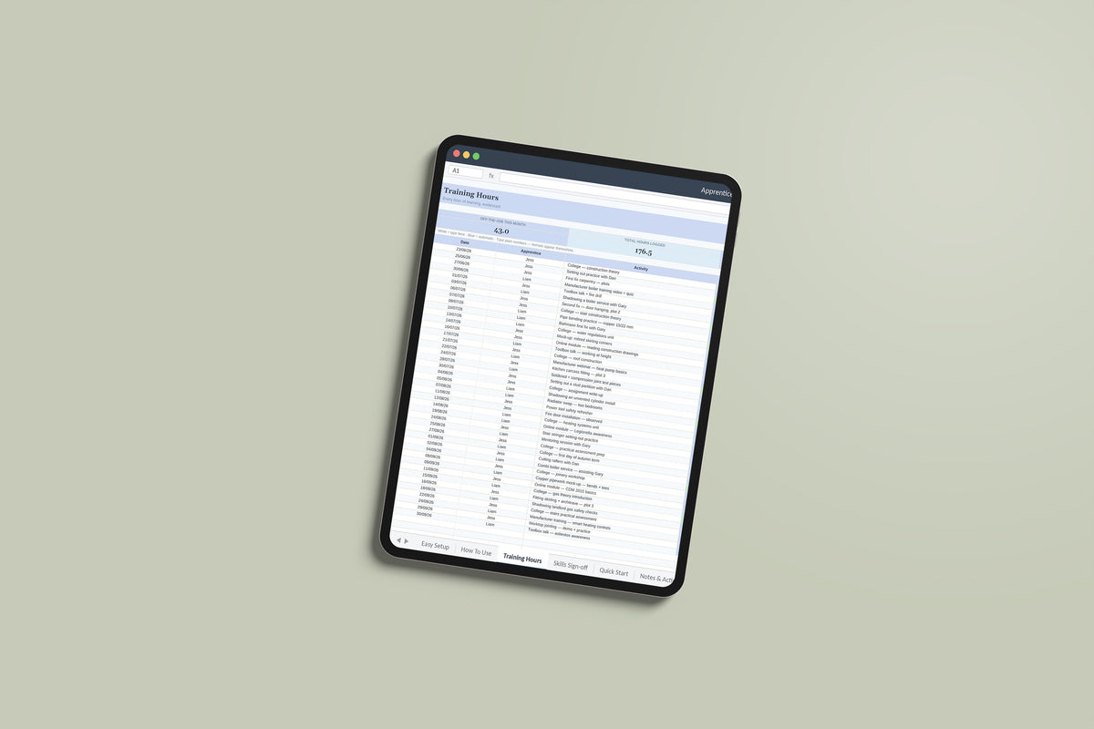 Apprentice Training Log Excel template on an iPad Pro
