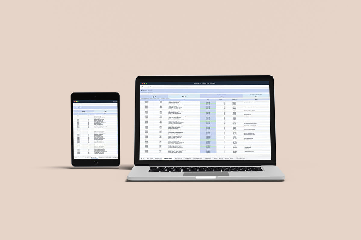 Apprentice Training Log Excel template on a MacBook and iPad, second view