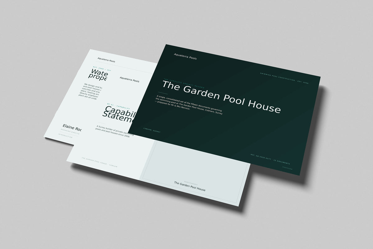 Swimming Pool Builder Project Pack in PowerPoint, printed pages floating