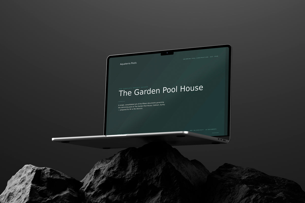 Swimming Pool Builder Project Pack in PowerPoint, shown on a laptop