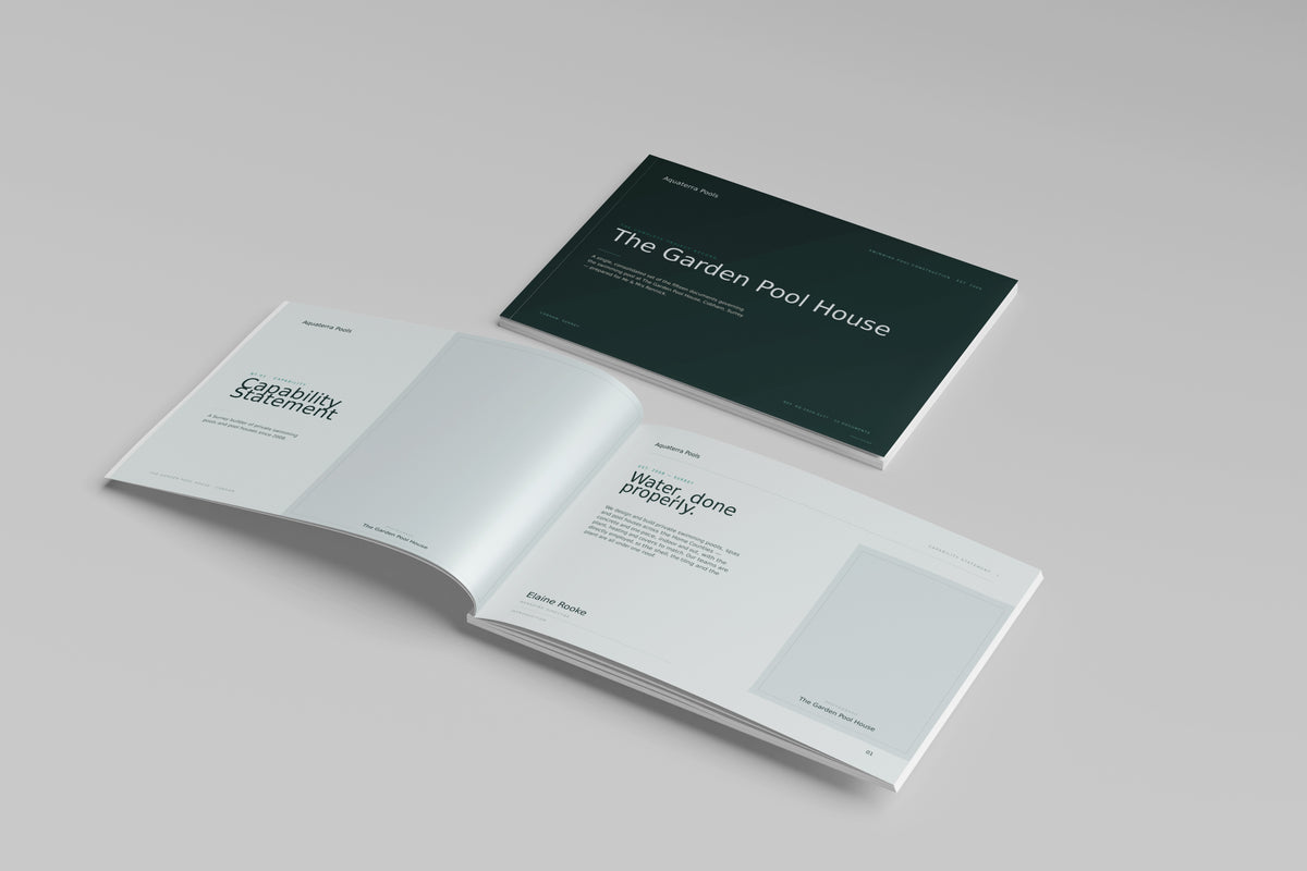 Swimming Pool Builder Project Pack in PowerPoint, printed cover shown at an angle
