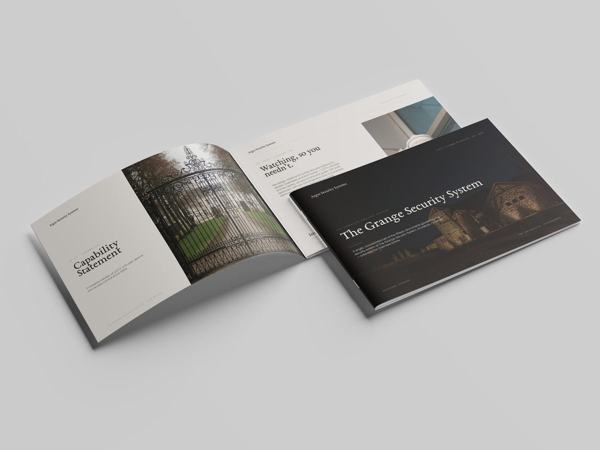 Security & CCTV Installer Project Pack in PowerPoint, printed and open at the first pages