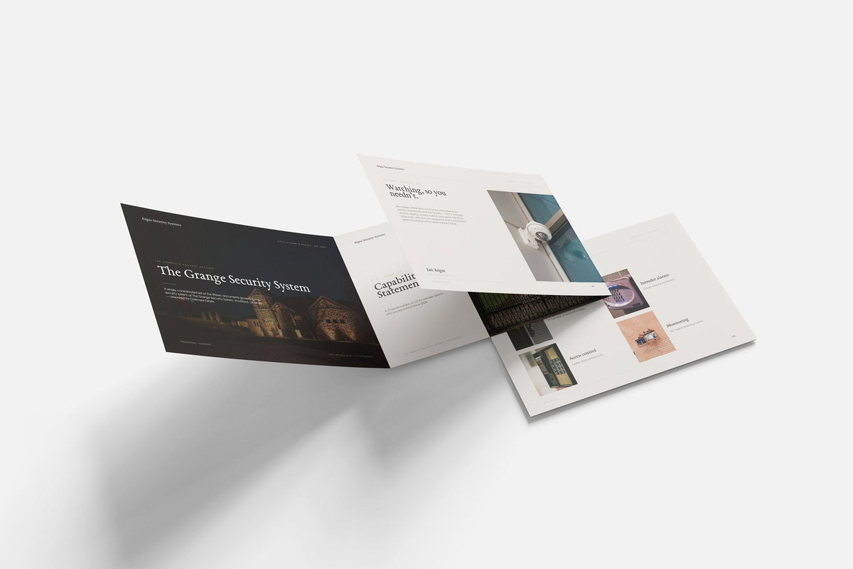 Security & CCTV Installer Project Pack in PowerPoint, printed documents stacked