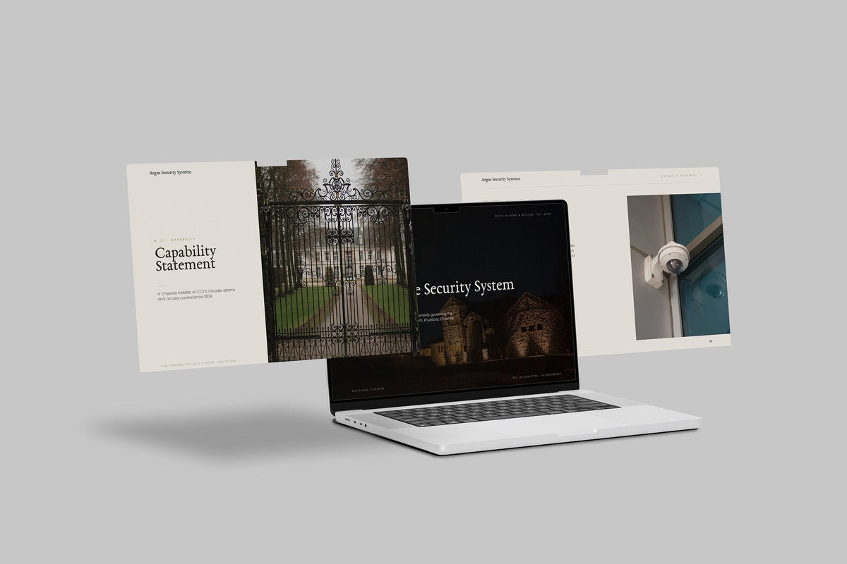 Security & CCTV Installer Project Pack in PowerPoint, shown on laptop screens